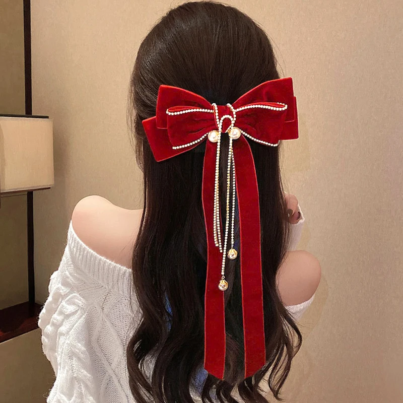 

1pcs Light Luxury Vintage Velvet Bow Hair Clip Elegant Girl Rhinestone Pearl Fringe Jewelry Manual Spring Clip Hair Accessories