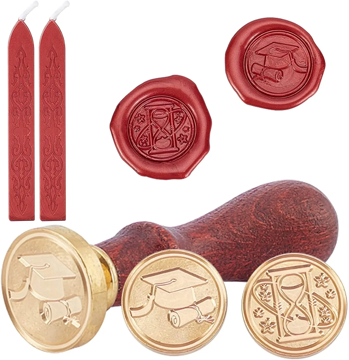 2PCS Wax Seal Stamp Heads Bachelor Cap & Hourglass with Universal Wood Handle and Red Sealing Sticks for Card Envelopes |