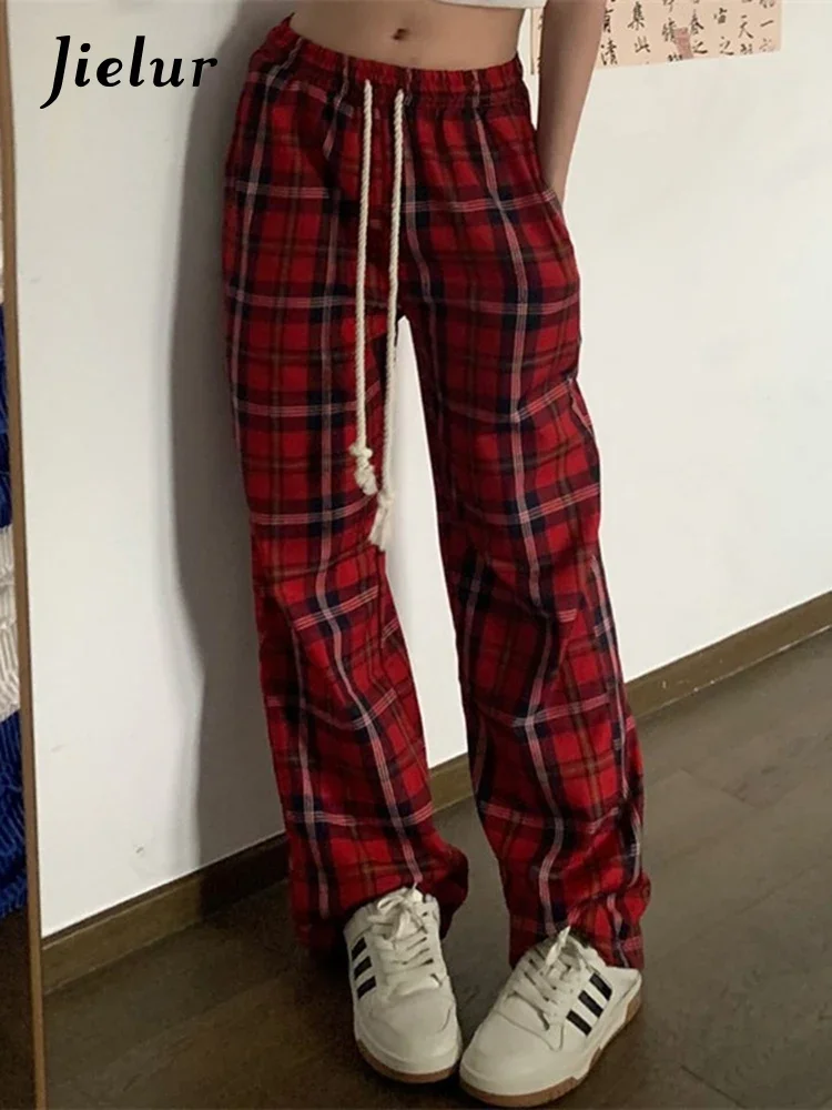 Jielur Red Plaid Casual Straight Female Pants Loose Fashion Streetwear New American Style Vintage Slim Women's Wide Leg Pants