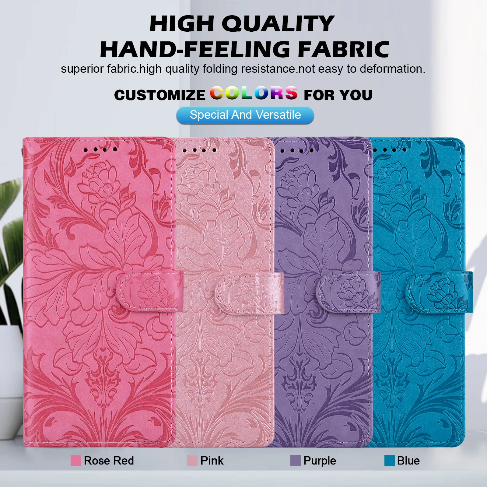 Embossed Solid Color Magnetic Flap Leather Wallet Case