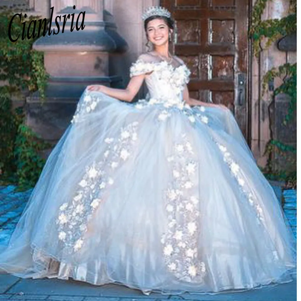 

Champagne Crystal Beading Ball Gown Quinceanera Dresses 3D Flowers Appliques Lace Corset Vestidos De 15 Años