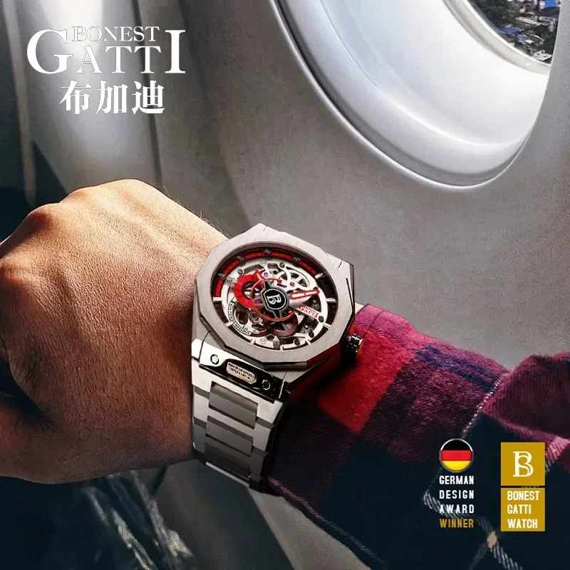 BONEST GATTI Men's fully automatic hollow mechanical watch, speed dial, steel strip, waterproof and luminous