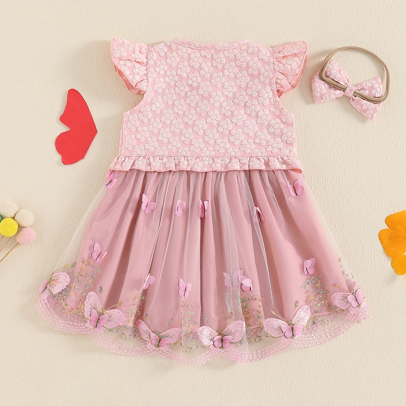 Adorable Baby Girls Summer Outfits with Bow Headband Floral Butterfly Pattern Tops and Matching Dresses - 3 Piece Set for 5
