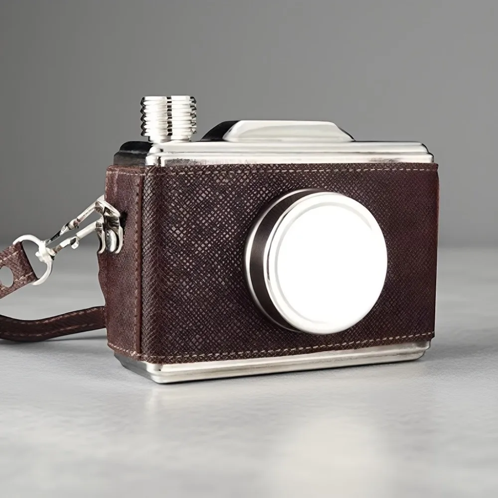 스테인리스 스틸 카메라 모양 힙 플라스크 탈부착 가능한 스트랩 위스키 용기 병 누수 방지 11온스 325ml 위스키 플라스크