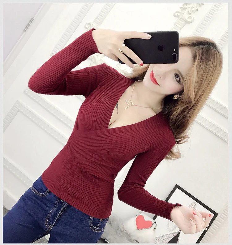 cardigan for women 2021 New Sexy Deep V Neck Sweater Women's Pullover Casual Slim Bottoming Winter Sweaters Female Elastic Cotton Long SleeveTops cardigan sweater