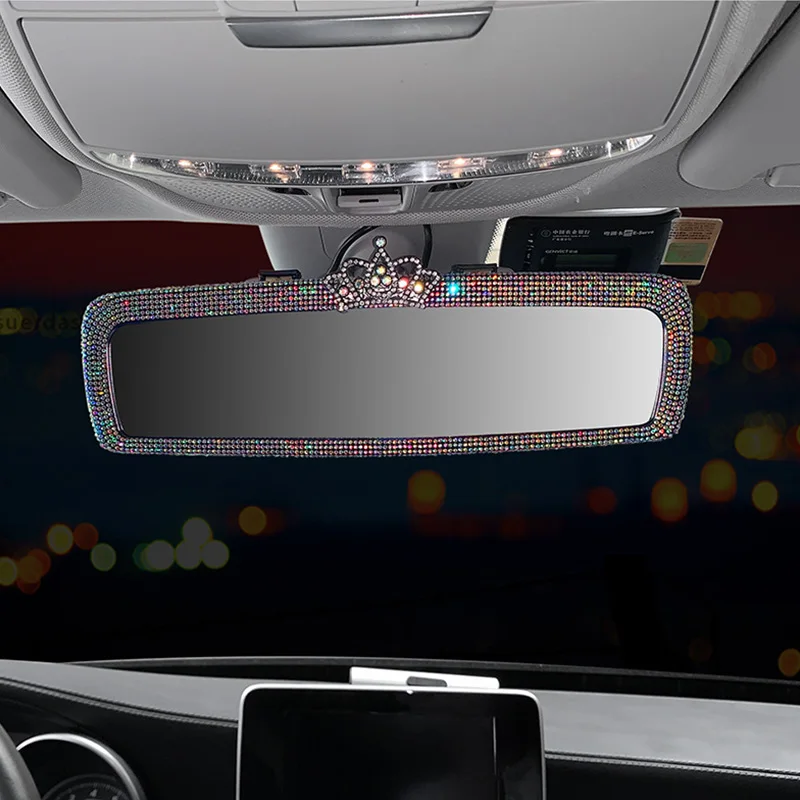 Rearview Mirror Crown Bling Crystal Frame Auto Decoration High Definition