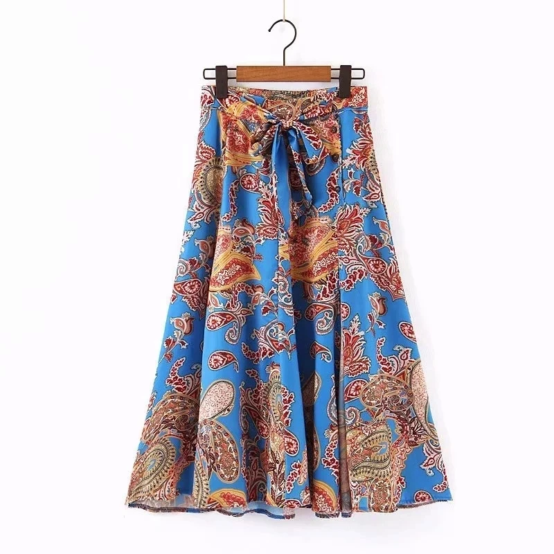 

Vintage Paisley Printing Women Side Slit Midi Skirt Leisure Lady Butterfly Belt Skirts Autumn Female Loose clothing P1299