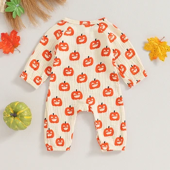 Baby Jumpsuit Long Sleeve Crew Neck Pumpkin Bat Print Newborn Romper Halloween Baby Clothes for Girls Boys 4