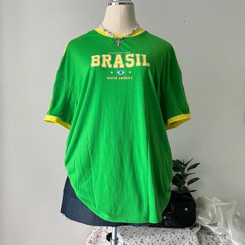 Europe and the United States loose letters yellow green top Y2K women's summer T-shirt sexy clothing street