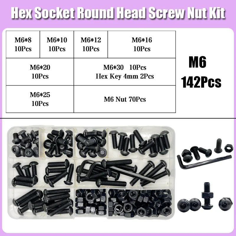 M6 Metric Grade 10.9 Black Alloy Steel Button Head Hex Socket Screws Allen Bolts