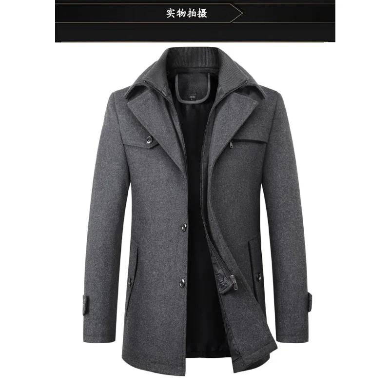 New Winter Fashion Men Slim Fit Wool Trench Coats Middle Long Jacket Suit Male Double Collar Zipper Solid Mens Long Woolen Coats