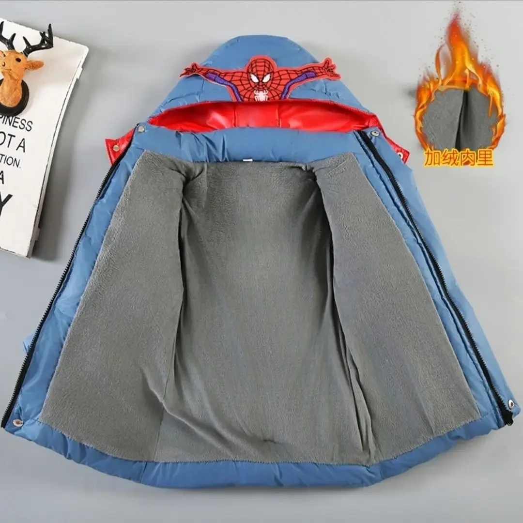 Children Warm Cotton-padded Coat Winter Kids Boys Cartoon Spider Man Hooded Parka Toddler Plush Thick No Wash Outerwear