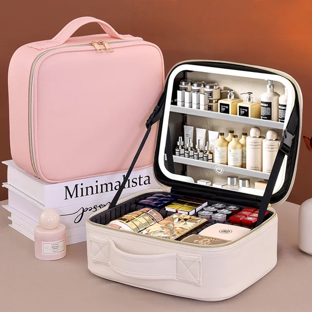 Travel LED Cosmetic Case With Light and Mirror Makeup Bag Large Capacity Premium Portable Cosmetic Bag Detachable Partition Bag 2