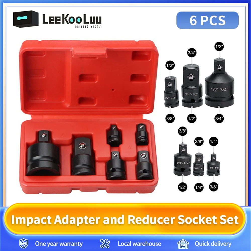 Jeu de douilles à cliquet essorées, clé adaptateur à manchon pneumatique, ensemble d'outils à main, 6 pièces, 1/4, 1/2, 3/8, 3/4