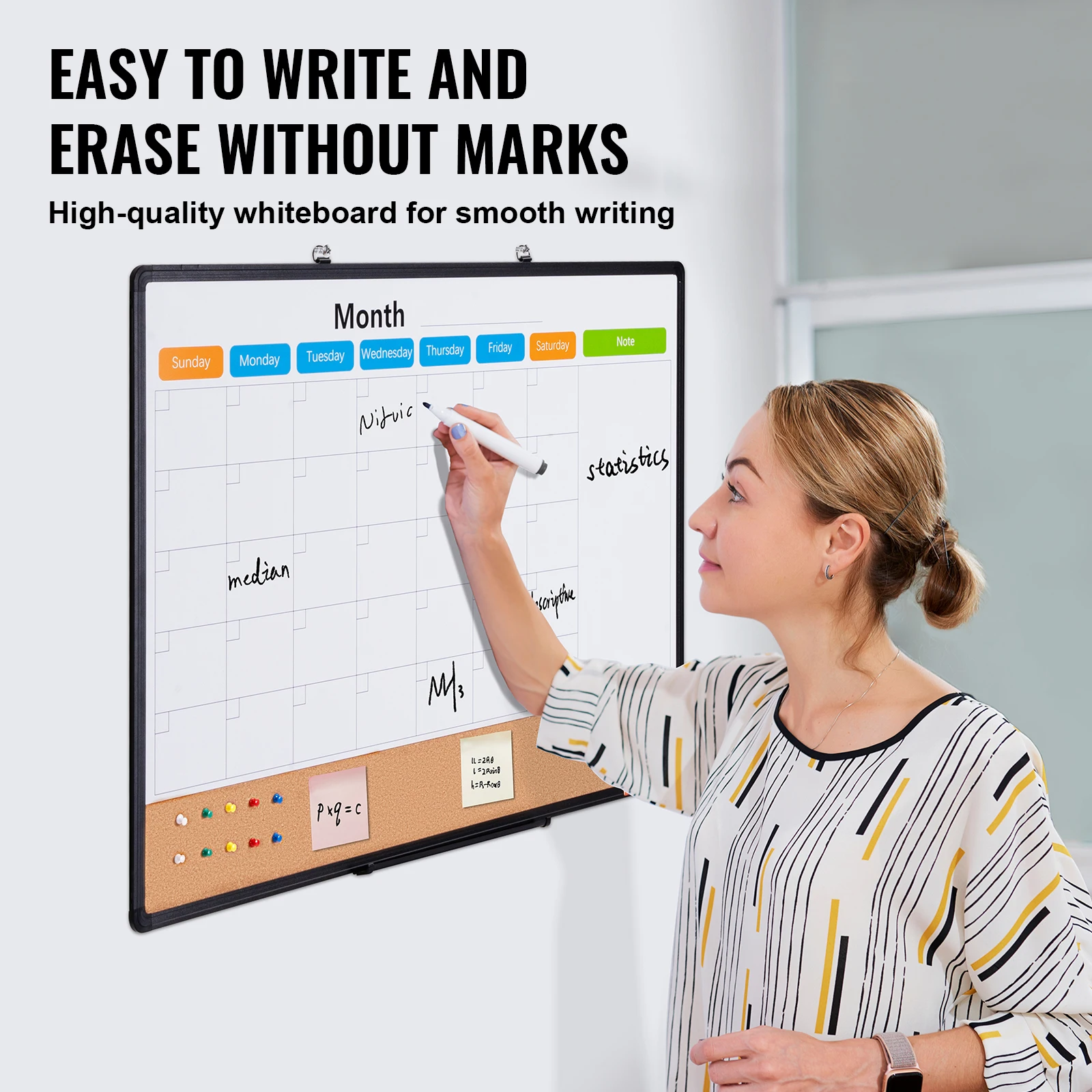 VEVOR Monthly Calendar Whiteboard and Cork Board Combo with Aluminum Frame Magnetic Dry Erase Bulletin Board for School Office