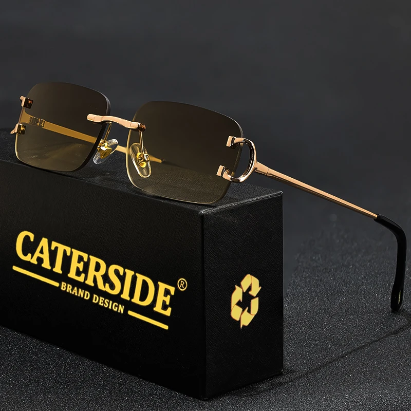 CATERSIDE Rectangular Sunglasses Men Rimless White Copper Small Square Sun Glasses For Women Gradient Lens Outdoor Eyewear UV400