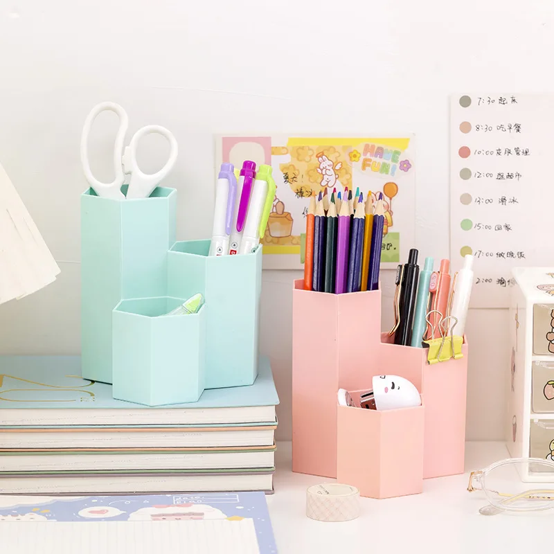 New Hexagonal Desktop Organizer Large Capacity Pen Container Holder Storage Pencil Cup 3 Slot Stand School Office Supplies