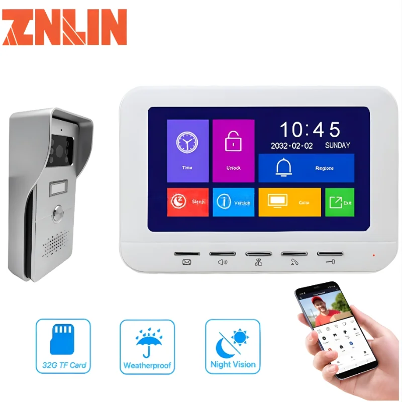 

7" LCD Screen Physical Button Video Intercom 4 Wire System Villa Doorphone Video Intercom Kit System with Doorbell 1080P Camera