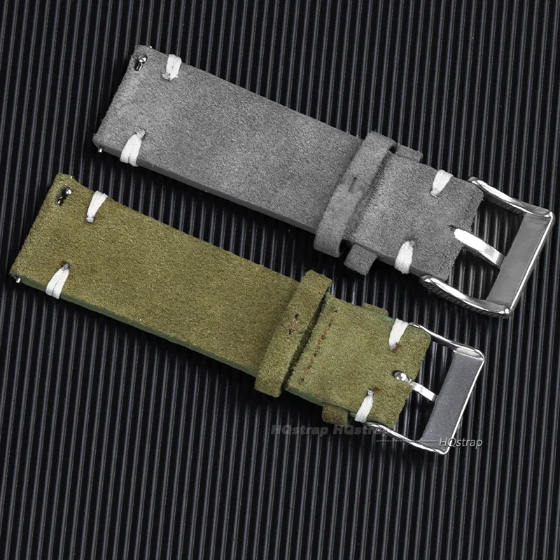 Vintage Grey Suede Leather Watch Strap with Handmade Stitching - Soft Replacement Wristband