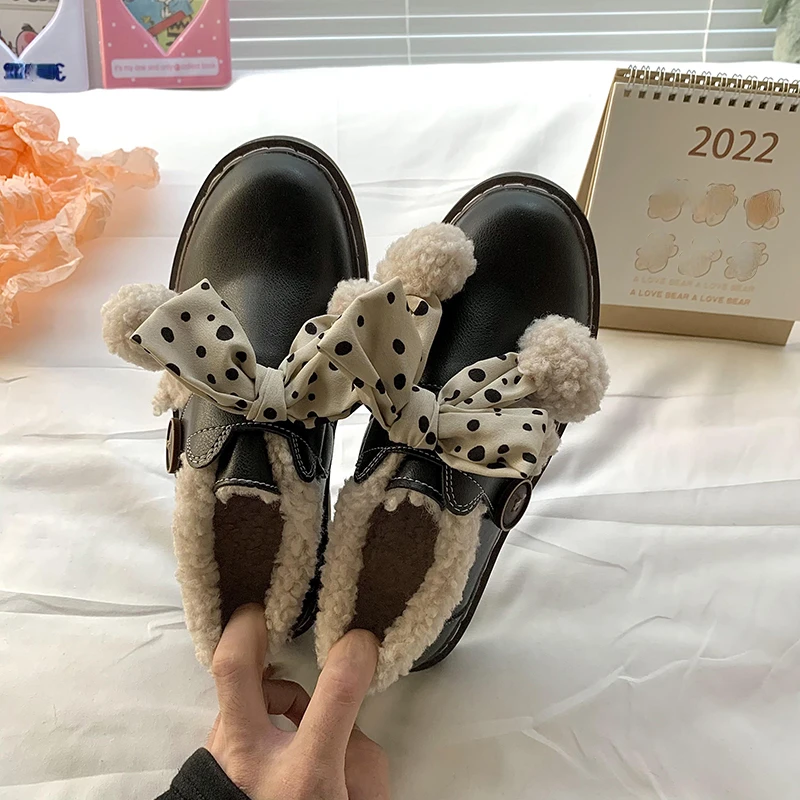 Lolita Sweet Girl Round Head Leather Shoes Winter Plus Velvet Warm Boots Women's Soft Girl Bowknot Kawai Women's Cotton Shoes