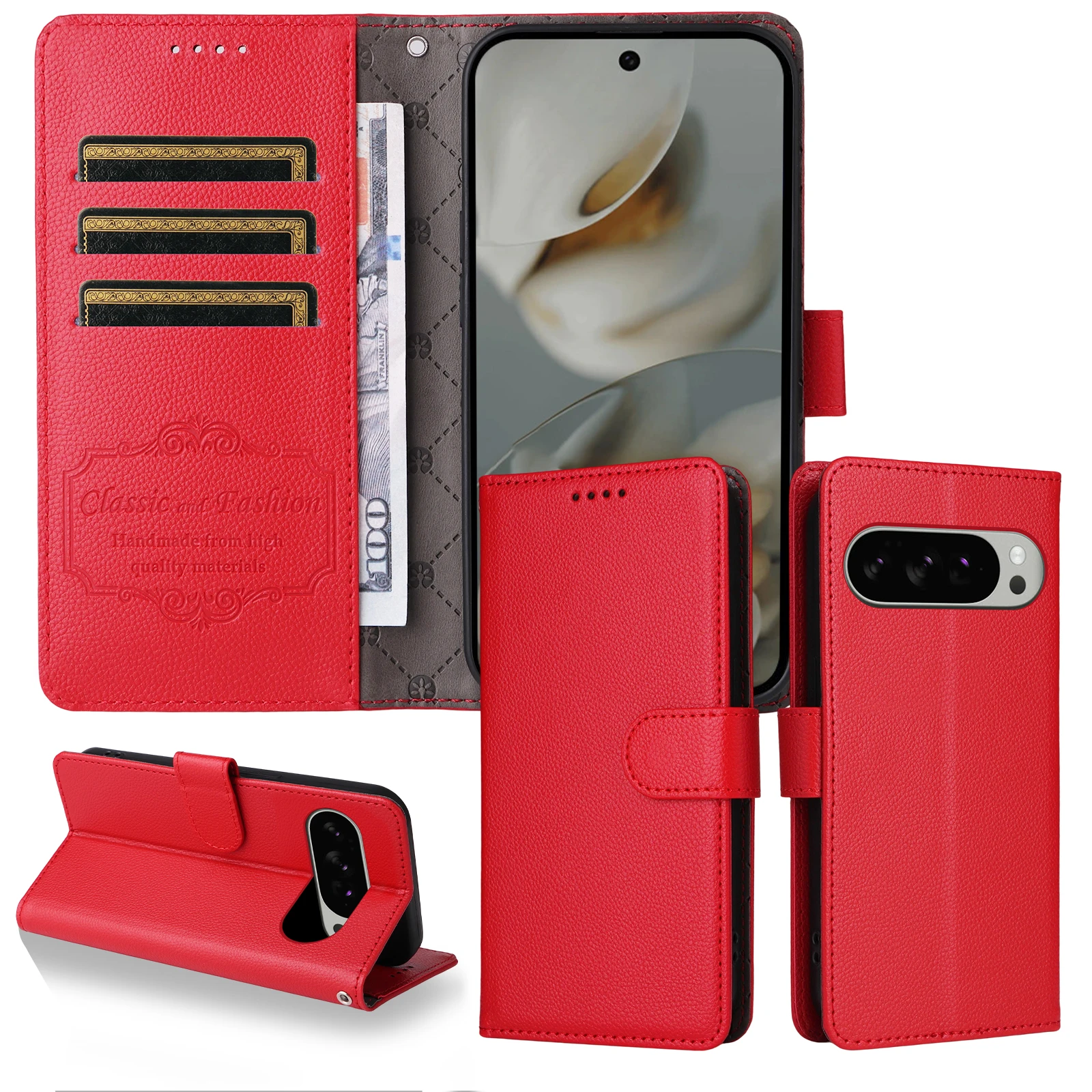 Luxury Litchi Pattern RFID Blocking Wallet Leather Case with Magnetic Flip Cover