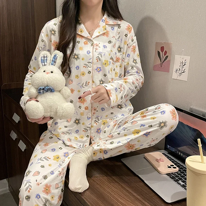 New Pajamas Set for Women 2023 Spring Long Sleeve Homewear Suit Cartoon Leisure Girls Pijamas Autumn Woman Sleepwear Pyjama Suit qweek modal women s pajamas cute cartoon print sleepwear autumn pijama kawaii long sleeve pyjamas female set woman 2 pieces suit