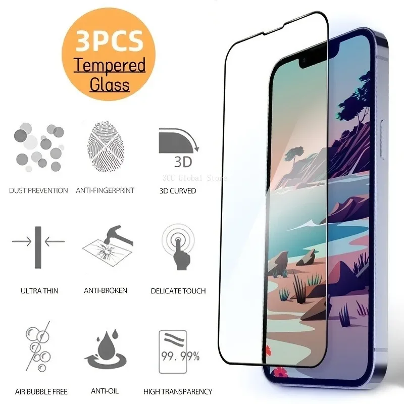 

3Pcs Tempered Glass For IPhone 11 Pro Max 14 Pro 12 13 Mini Screen Protector For IPhone 7 8 15 Plus SE X XR Xs Max SE 20 Glass