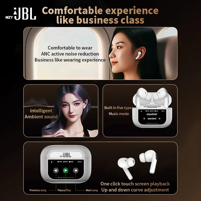 MzyJBL A8 프로 ANC 무선 이어폰, LED 스크린, 노이즈 캔슬링, 블루투스 5.4 헤드폰, 스포츠 이어버드, 마이크 포함, 안드로이드 iOS용
