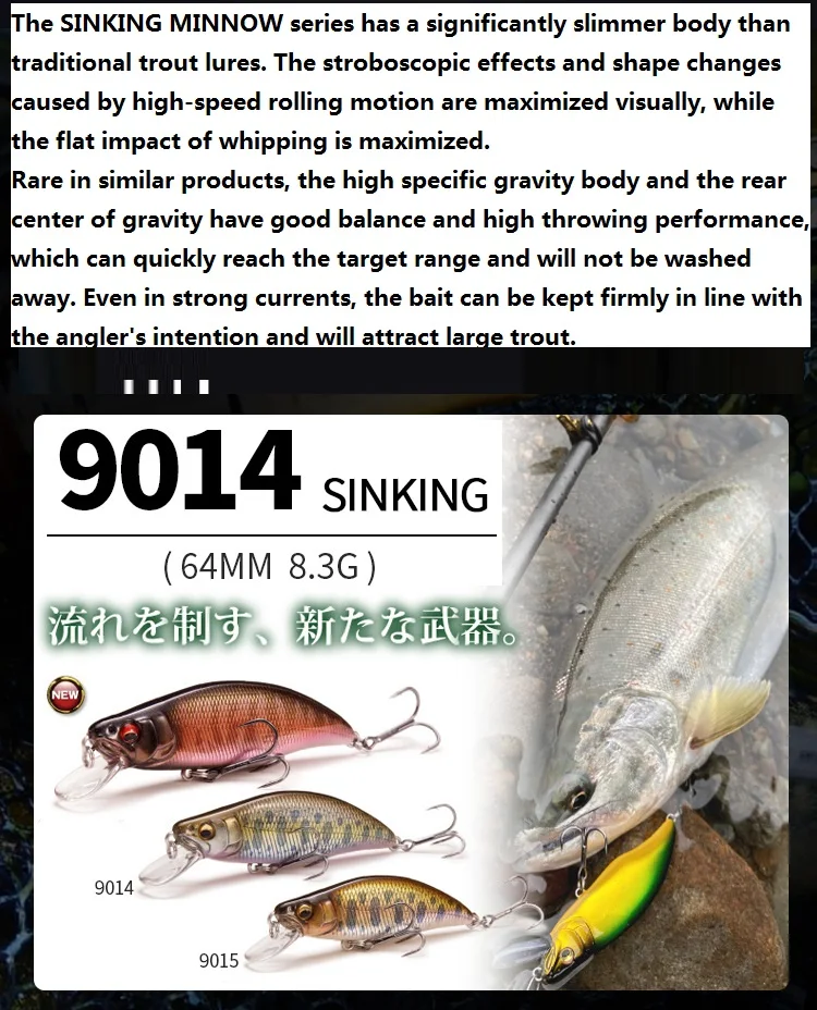 Description Picture 4 of itemJapanese Design Pesca Torrent Stream Hard Fishing Lure 64mm8.3g Sinking Minnow Isca Artificial Baits For Perch Trout