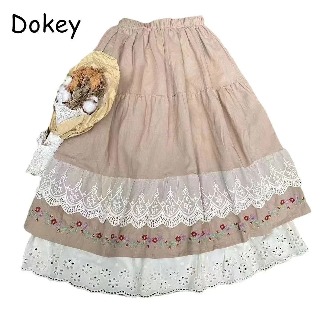 Japanese Lolita Style Cotton Linen Skirt Women Vintage Embroidery Lace Ruffled Kawaii Midi Pleated Skirt New Casual A-line Skirt