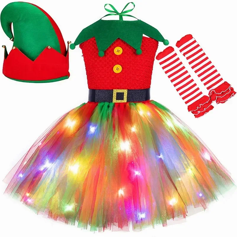 thumbnail image 1 of Disfraz de elfo navideño para niñas, vestido de princesa con tutú navideño con luz LED, ropa para fiesta de Navidad de Año Nuevo, regalo, 1 of 5