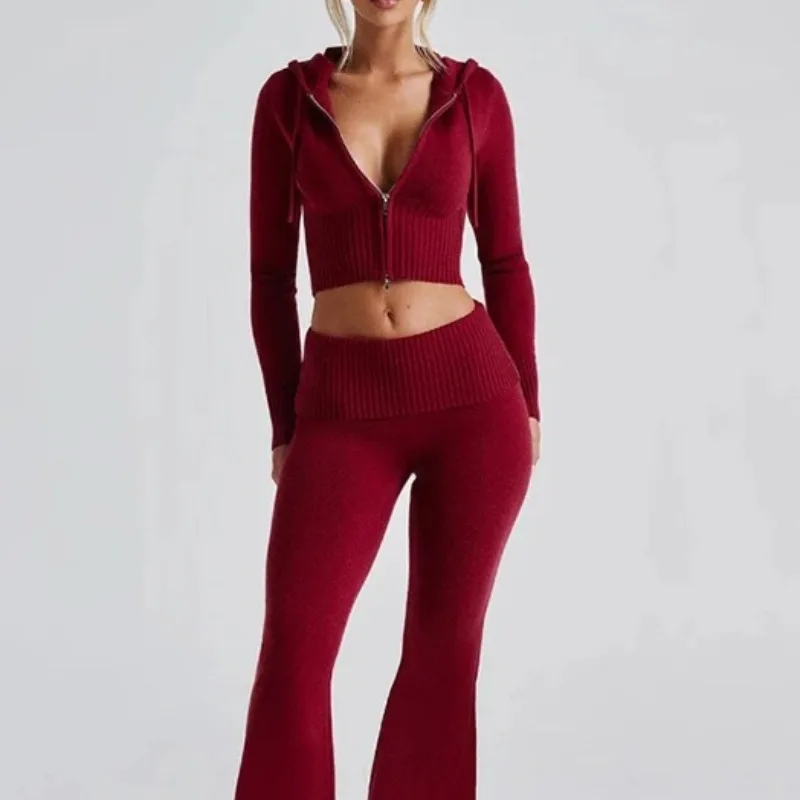 Autumn Ribbed  Knitted Two Piece Set Women Tracksuit Long Sleeve Zipper Hoodies Pants Sets Casual Solid Sweatshirt Suits