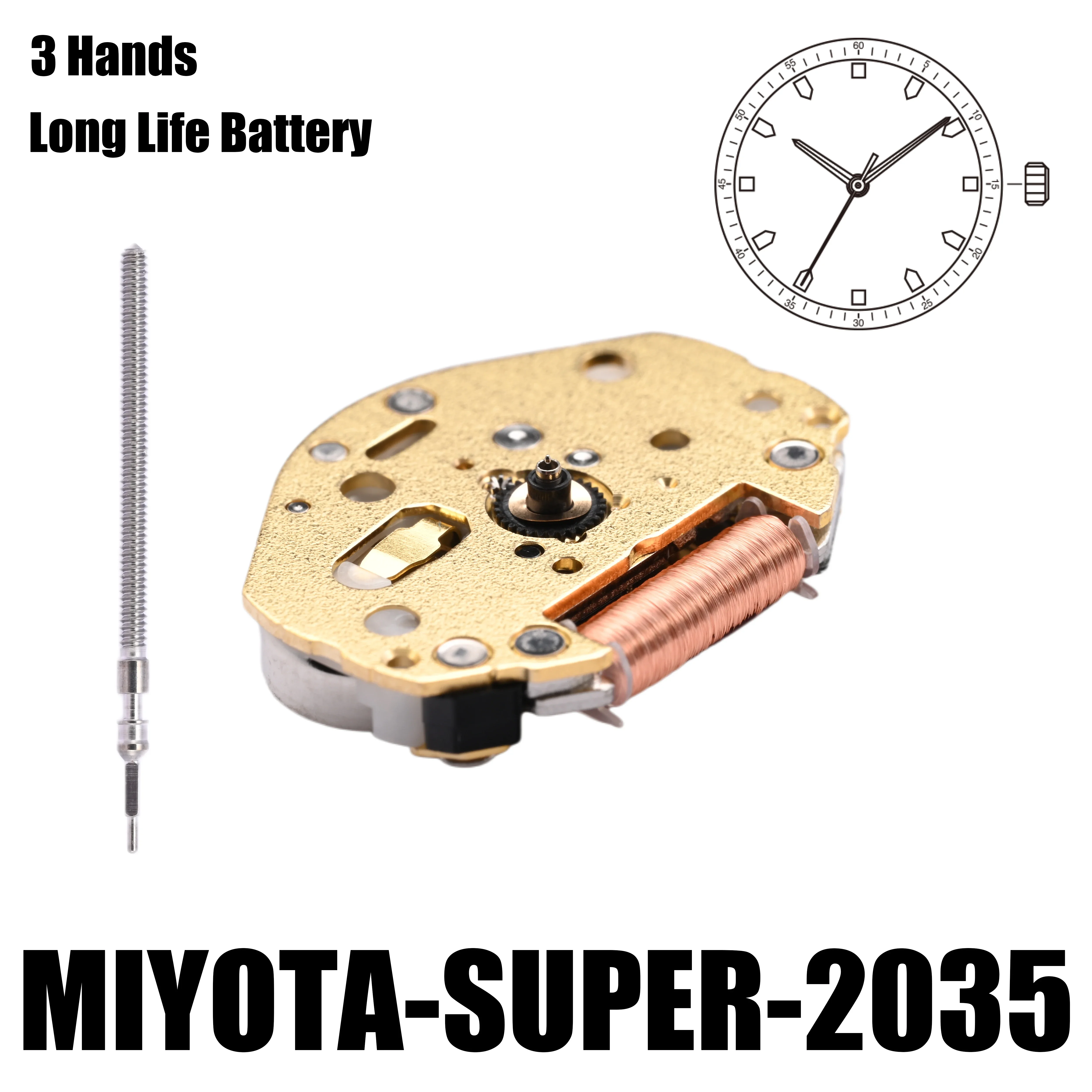 2035 Movement Miyota Super2035 Movement Gilt 3 Hands Size:6 3/4×8'''Heigh:3.15mm-YOUR ENGINE- Metal Movement Made In Japan.