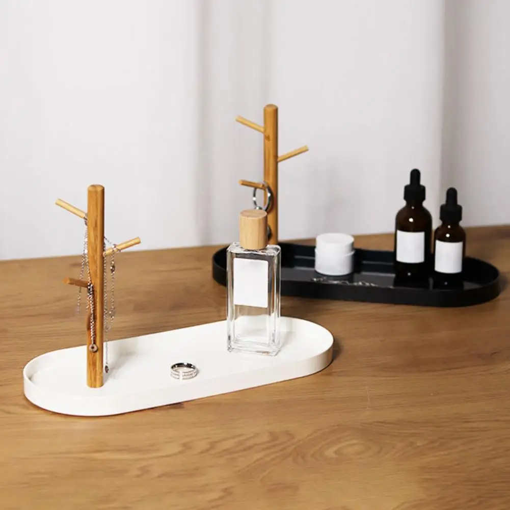 

Keys Storage Rack Wood Tree Branch Hook Rack Earrings Necklace Ring Jewelry Display Tray with 3-Tier Hanging Organizers