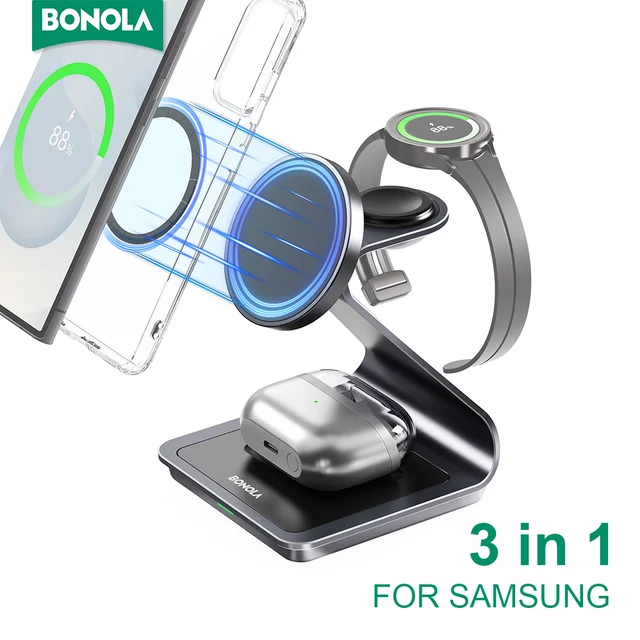 Bonola 3 in 1 Wireless Charger Metal Stand for Samsung S25 Ultra/S24/S23 15W Fast Wireless Charging for Galaxy Watch 7/Buds Pro