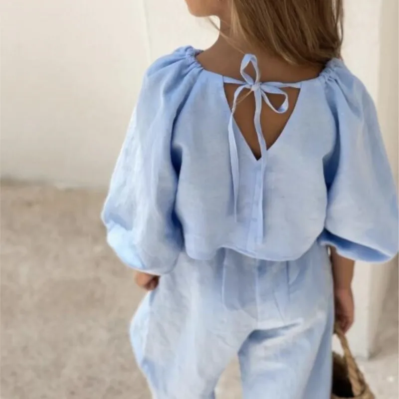 Set di vestiti in cotone di lino per neonata camicia + pantalone 2 pezzi Set di abbigliamento per bambini per neonati in tinta unita vestiti per bambini primaverili 1-7Y - immagine 6