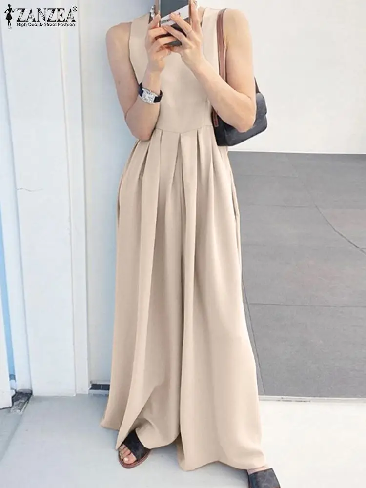 

ZANZEA Woman Fashion Playsuits Jumpsuits Summer Sleeveless Solid Color Overalls Casual Party Streetwear Wide Leg Pant Oversized
