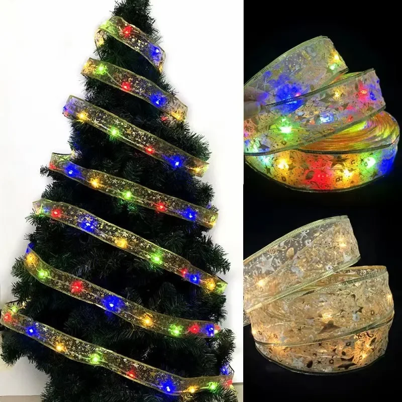 

LED Christmas Ribbon Fairy Light Battery-Powered Xmas Tree Ornaments Bows String Light Holiday Indoor Party New Year Decor