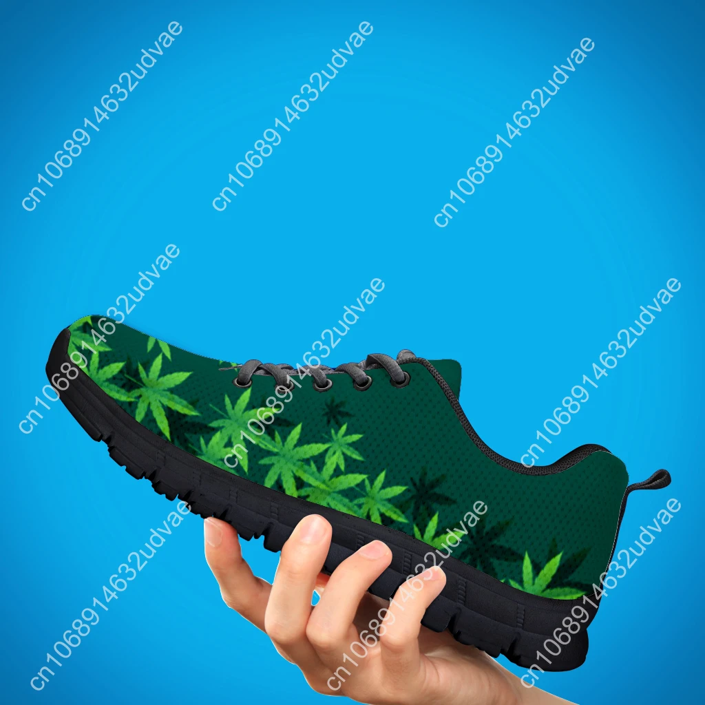 Spring Autumn Soft Warm Flat Shoes Green Weed Leaves 3D Printed Women Casual Sneakers Lace up Footwear Zapatillas