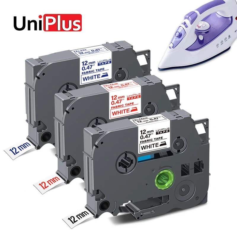 UniPlus 패브릭 다리미 라벨 테이프, FA3 FA3R FA231 패브릭 테이프, FA241 FA4 호환 라벨 메이커, 블랙 온 화이트, 12mm, 18mm
