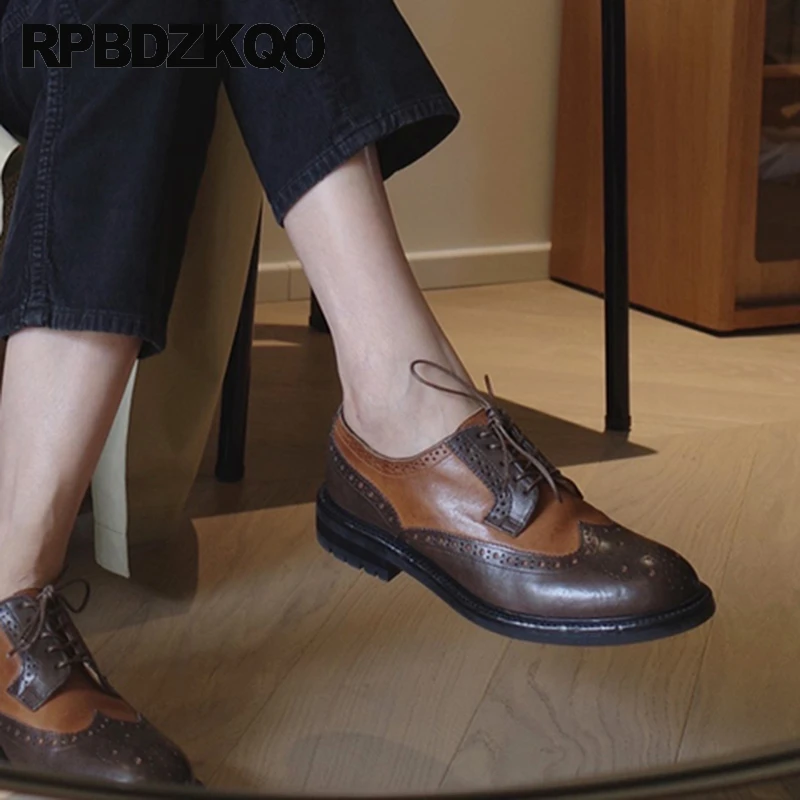 

Shoes Oxfords Handmade Women High Quality Cow Skin Flats Brogue Wingtip Derby Patchwork Real Leather Round Toe 34 Lace Up Brown