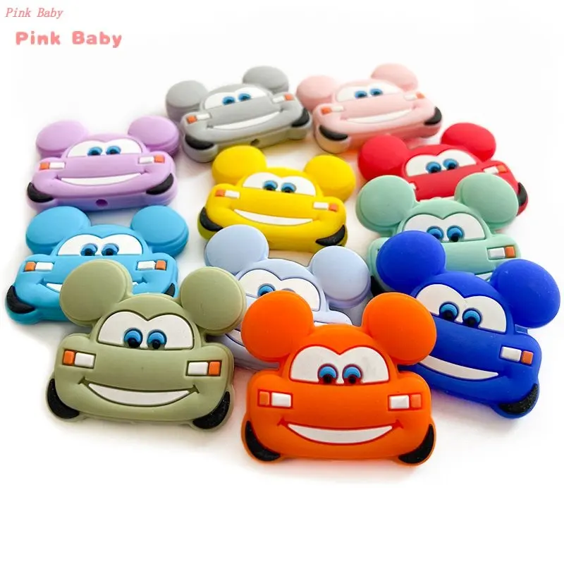 

10pcs Mickey Shaped Car Silicone Beads Food Grade Pendants Mordedor DIY Pacifier Chain Necklace Accessories Baby Molar Toys