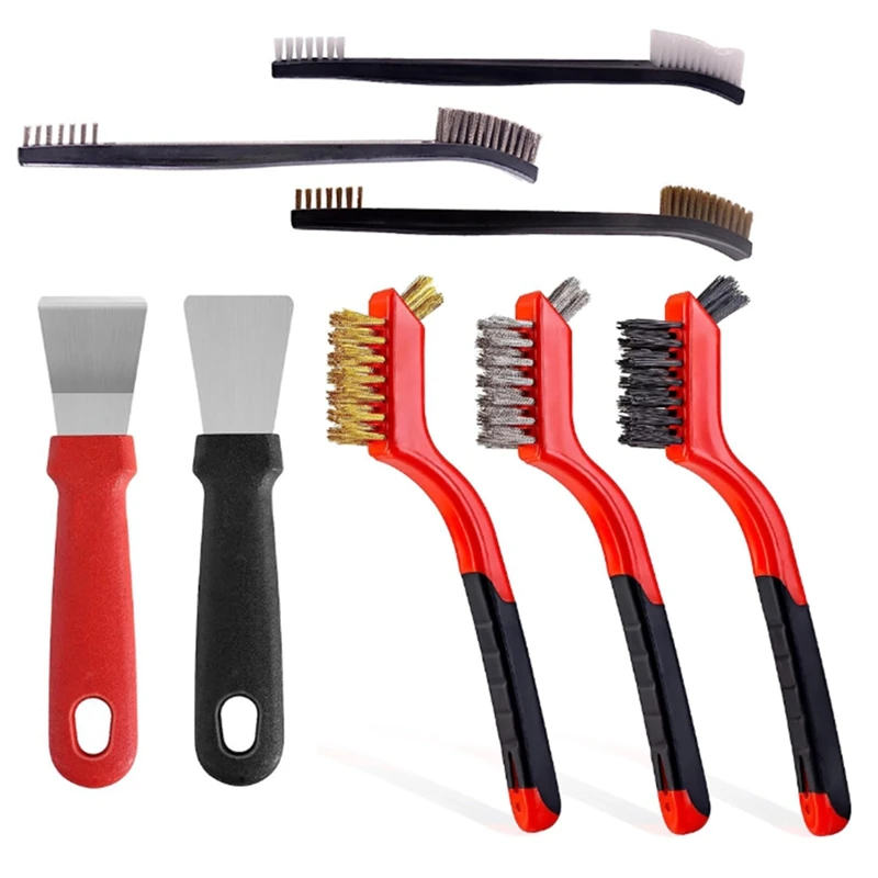 

8Pcs Small Brass/Stainless/Nylon Steel Scratch Brushes Black & Red With Paint Scraper For Rust,Dirt