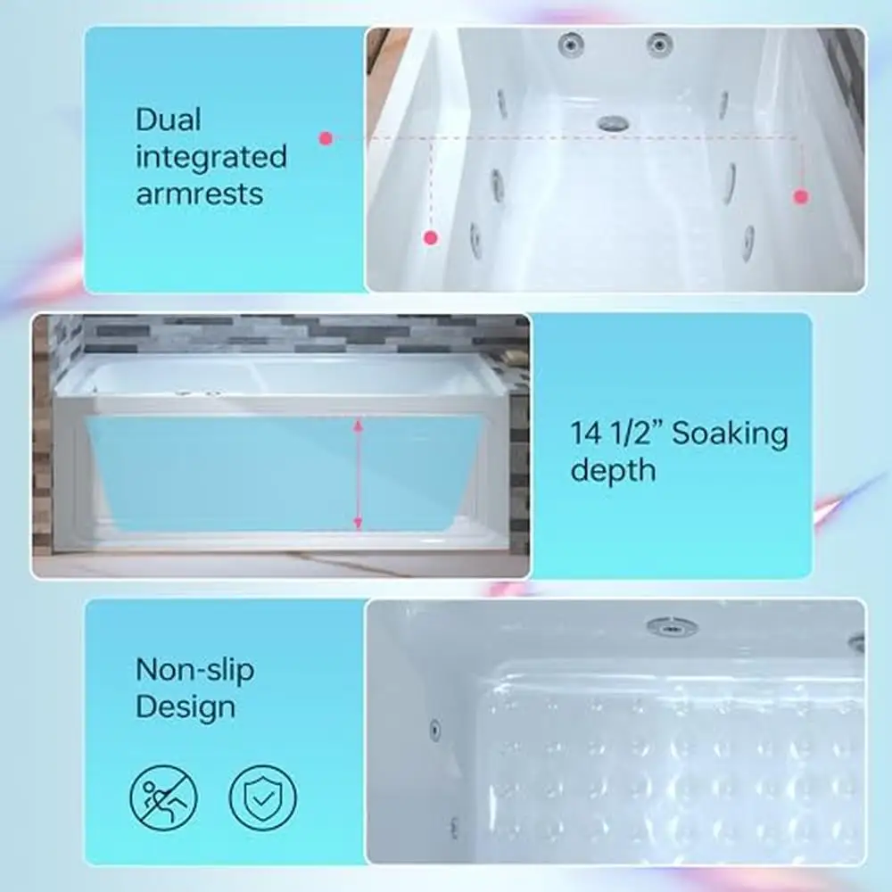 60" White Alcove Acrylic Jetted Tub with Heated Soaking and LED Lights Left Drain BS6030L 6