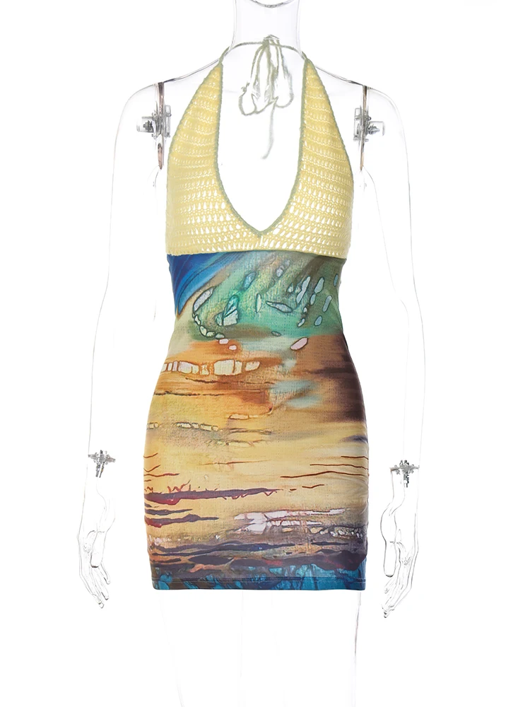 Hugcitar 2024 Spring Halter Knitted Scenery Print Backless Lace Up Sexy Mini Dress Women Fashion Clothes Beach Vacation Party 5