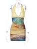 Hugcitar 2024 Spring Halter Knitted Scenery Print Backless Lace Up Sexy Mini Dress Women Fashion Clothes Beach Vacation Party 5