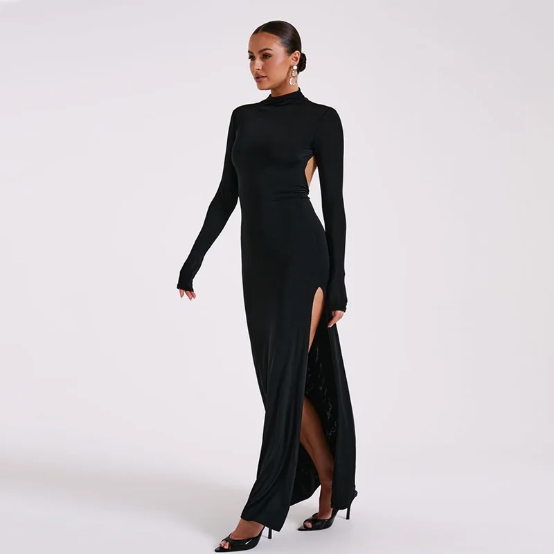 Elegant Basic Long Sleeve Solid Hole Backless Slit Split Women'S Dresses Party Club Evening Wholesale Winter Clothes