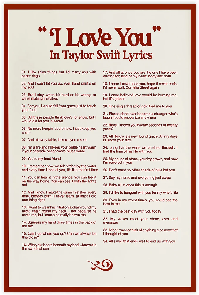 thumbnail image 1 of Póster con la letra "Te amo en el estilo de Taylor Swift", citas musicales de cantantes retro, pintura en lienzo, arte de pared, imágenes, decoración de la habitación del hogar, regalo, 1 of 5