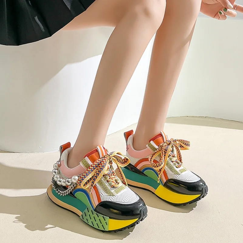 

New Lace Up Iridescent Pearl Chain Decorative Women's Vulcanized Shoes Women's Platform SneakersWomen Shoes Botas Mujer 2023