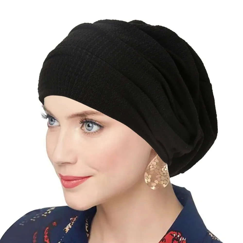 Trendy Solid Color Women Crinkle Hijab Turban Soft Elastic Chemotherapy Cap Polyester Head Scarf
